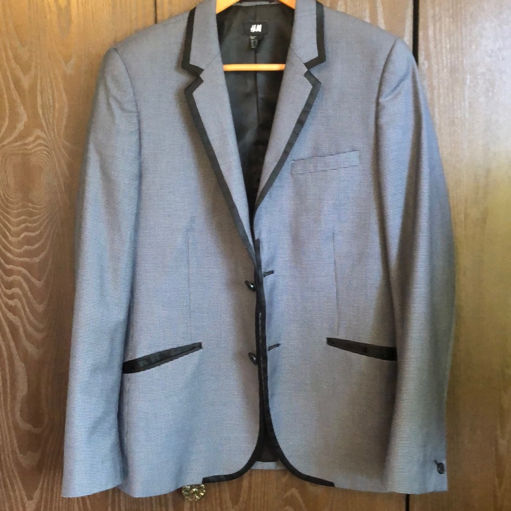 H&M - 38R SUIT JACKET BLAZER GREY BLACK SATIN TRIM TUXEDO FORMAL EVENING - OS018